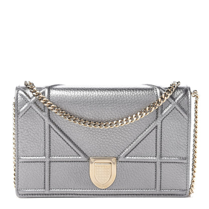 Christian Dior Metallic Grained Calfskin Diorama Wallet on Chain Pouch Silver 1 of 10
