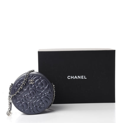Chanel Goatskin Camellia Embossed Round Clutch With Chain Dark Blue 12 of 12