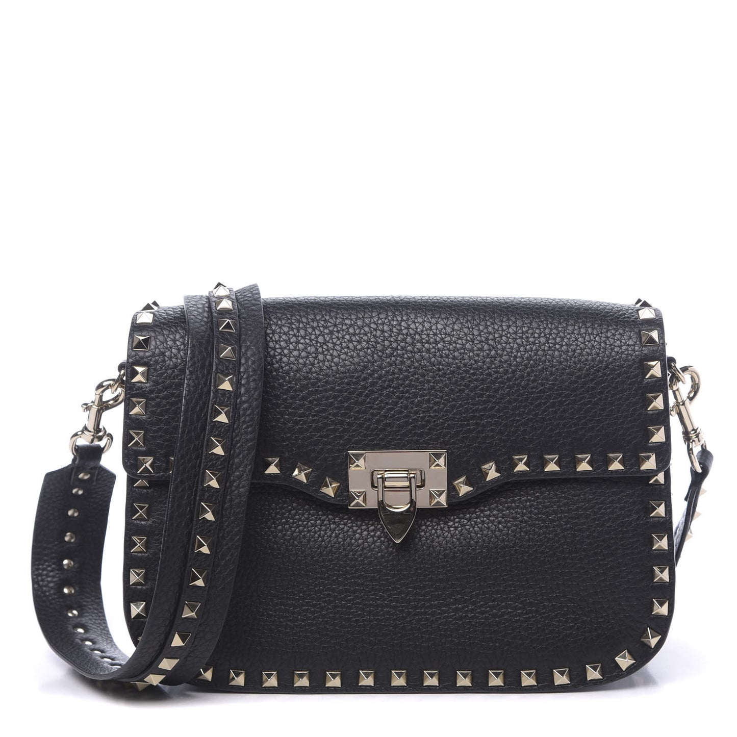 Pebbled Calfskin Medium Rockstud Flap Saddle Bag Black