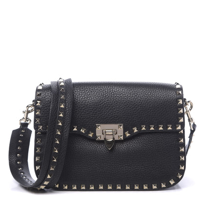 Valentino Garavani Pebbled Calfskin Medium Rockstud Flap Saddle Bag Black 1 of 9