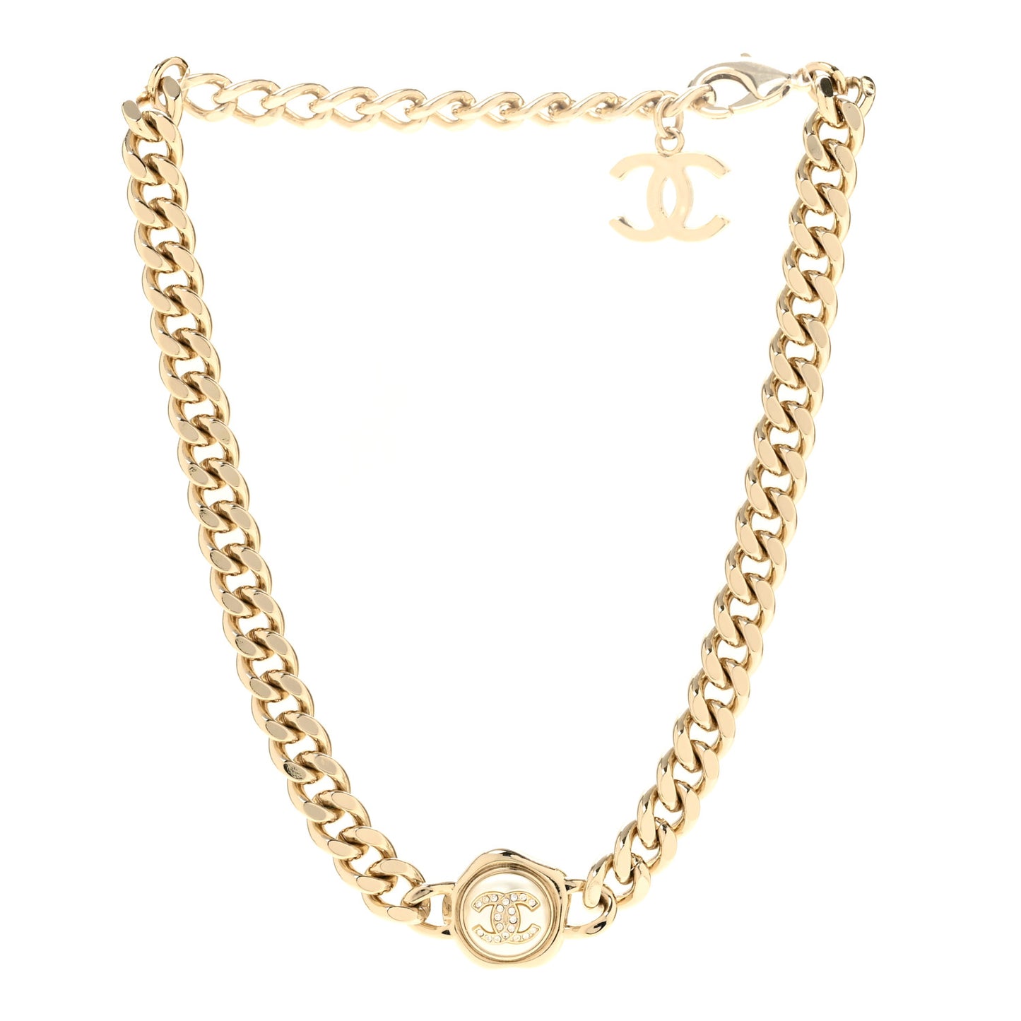 Pearl Crystal CC Chain Choker Necklace Gold