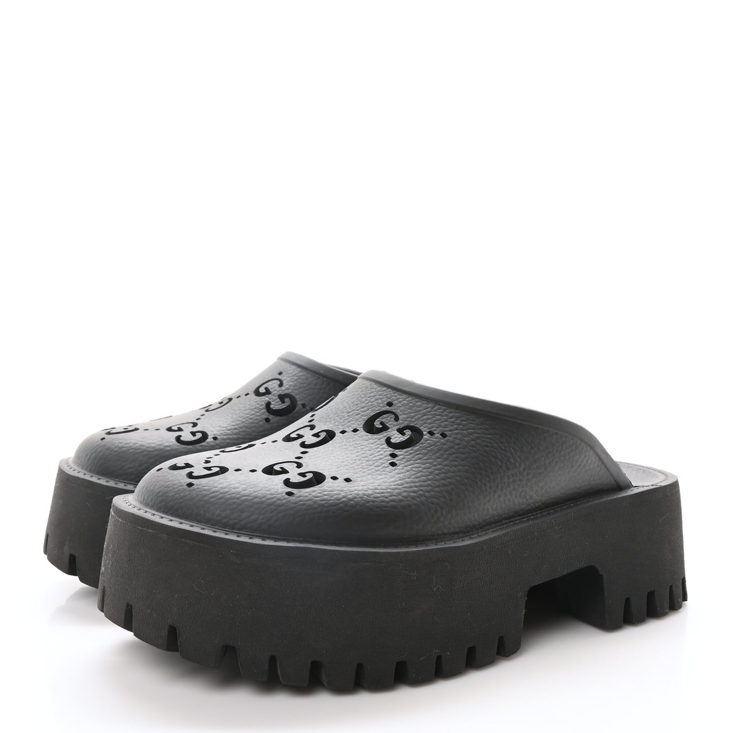 Rubber GG Monogram Perforated Elea Platform 55mm Lug Sole Sandals 36 Black
