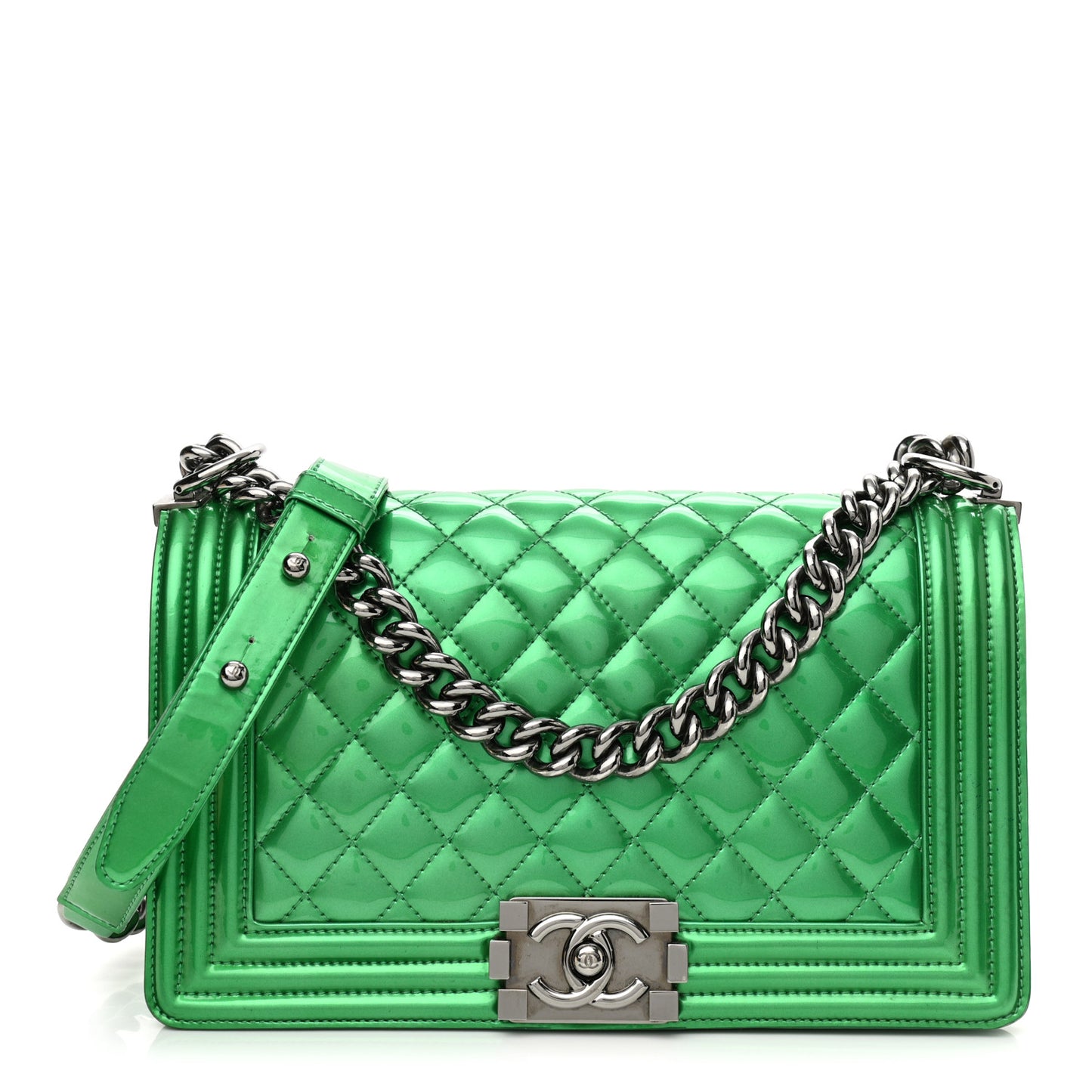 Metallic Patent Calfskin Quilted Medium Boy Flap Green
