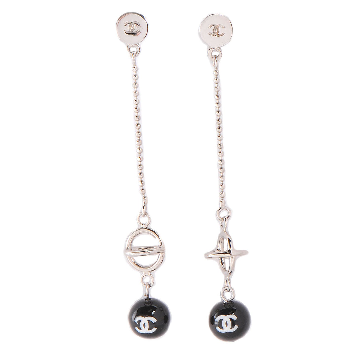 CC Logo Bead Long Drop Earrings Silver