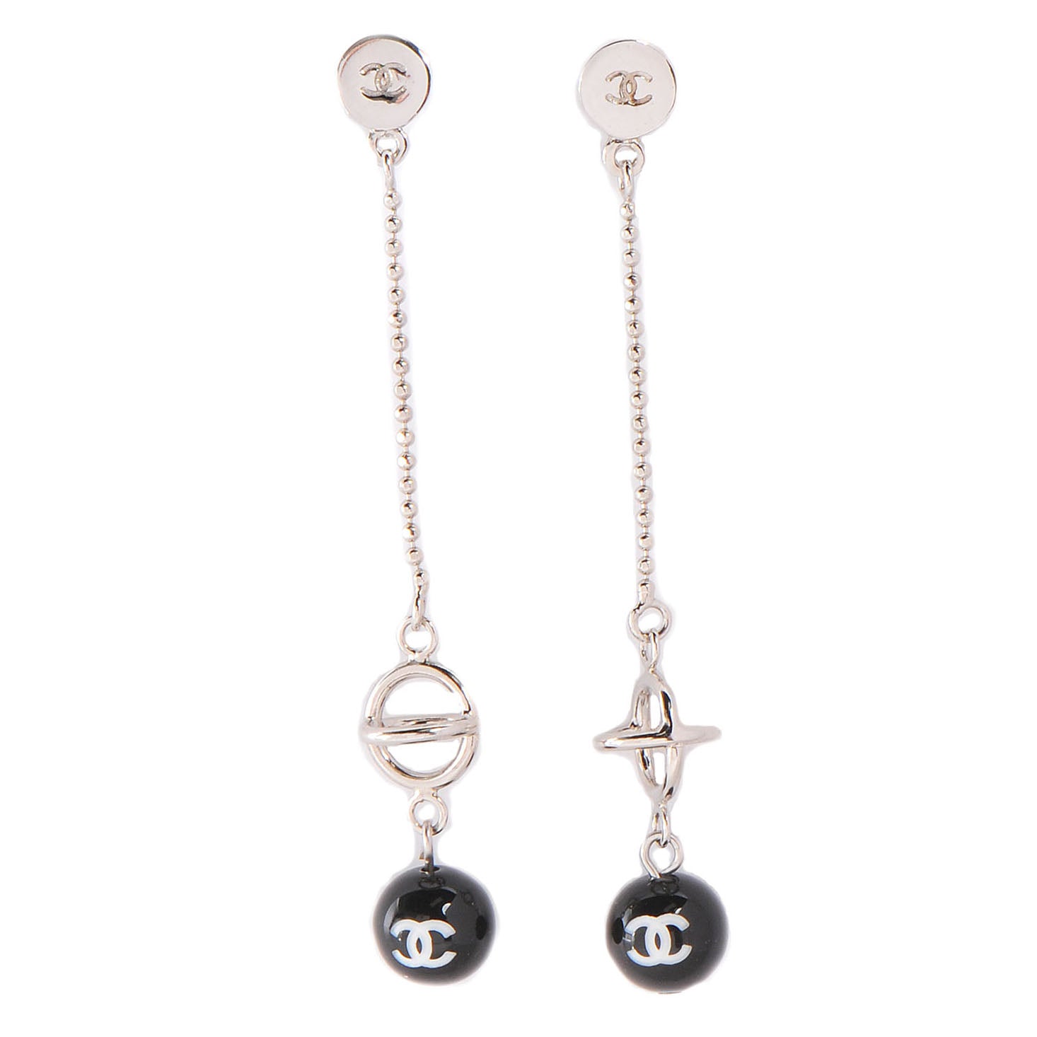 Chanel CC Logo Bead Long Drop Earrings Silver 1 of 5