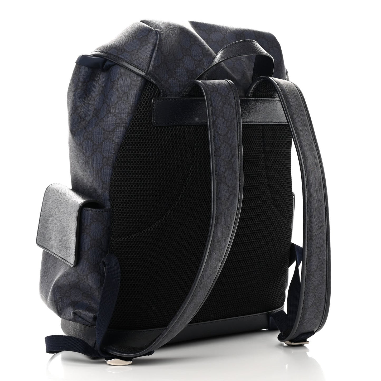 GG Supreme Monogram Textured Dollar Calfskin Medium Double Buckle Backpack Blue Dark Blue Black
