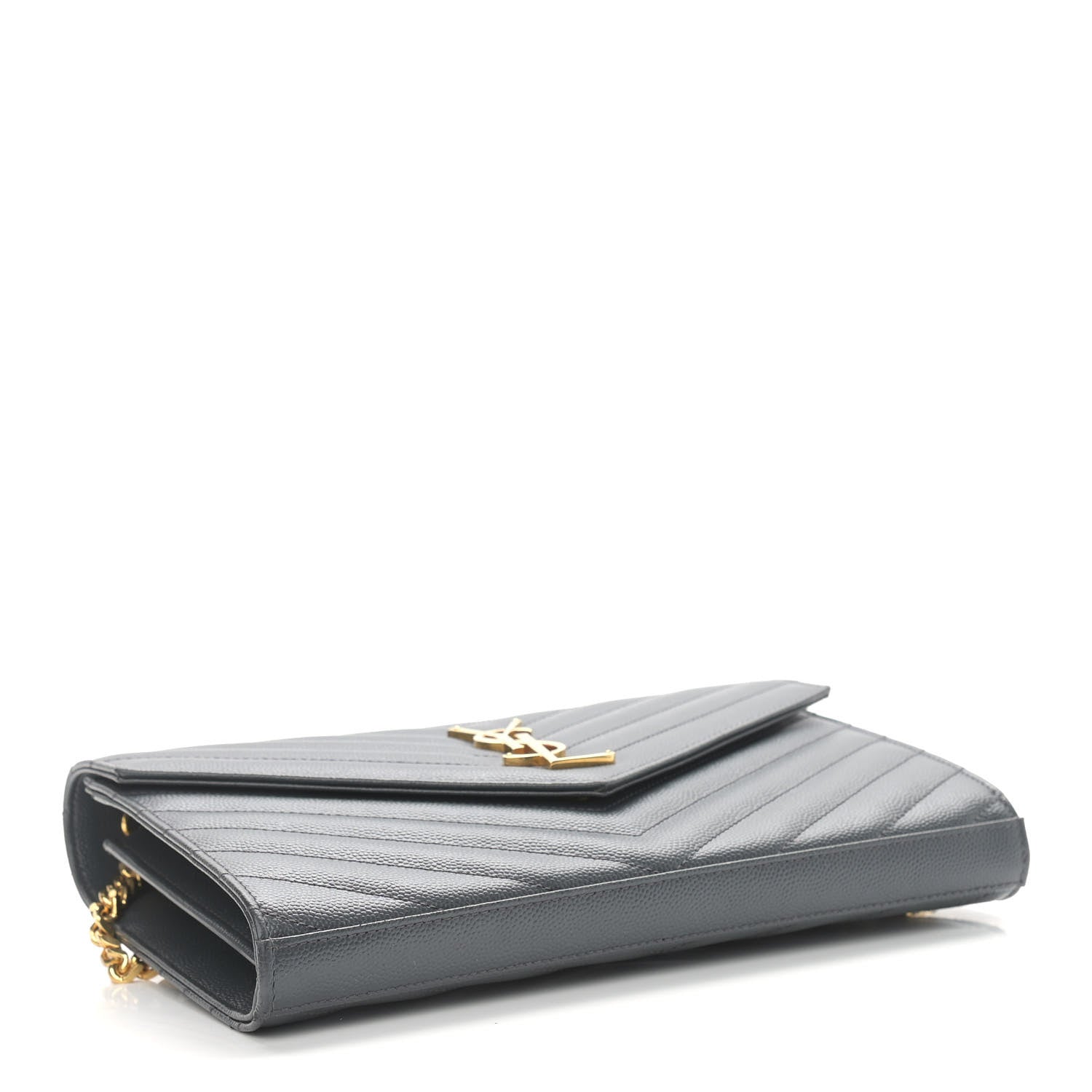 Saint Laurent Grain De Poudre Matelasse Chevron Monogram Chain Wallet Dark Smog 4 of 11