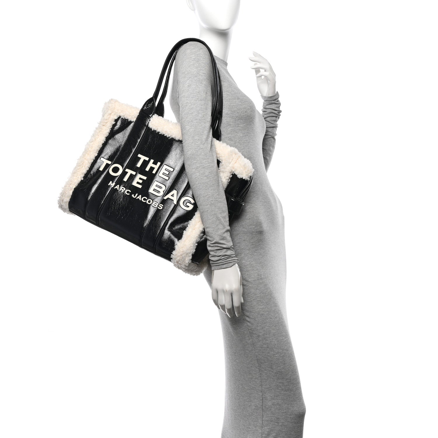 Marc Jacobs Shiny Calfskin Faux Shearling Large The Traveler Tote Bag Black 2 of 12
