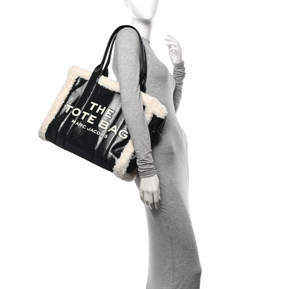 Marc Jacobs Shiny Calfskin Faux Shearling Large The Traveler Tote Bag Black 2 of 12