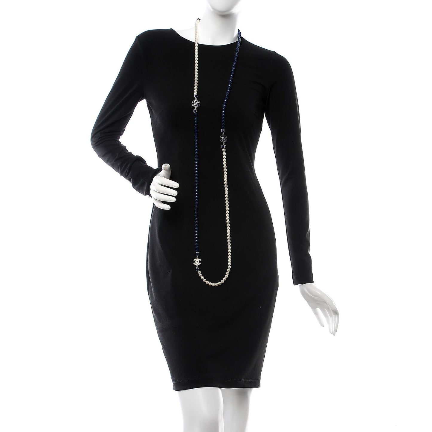 Pearl Bead Enamel CC Long Necklace Pearly White Blue