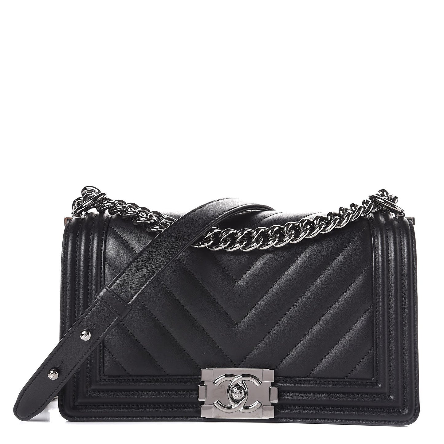 Calfskin Chevron Quilted Medium Boy Flap Black