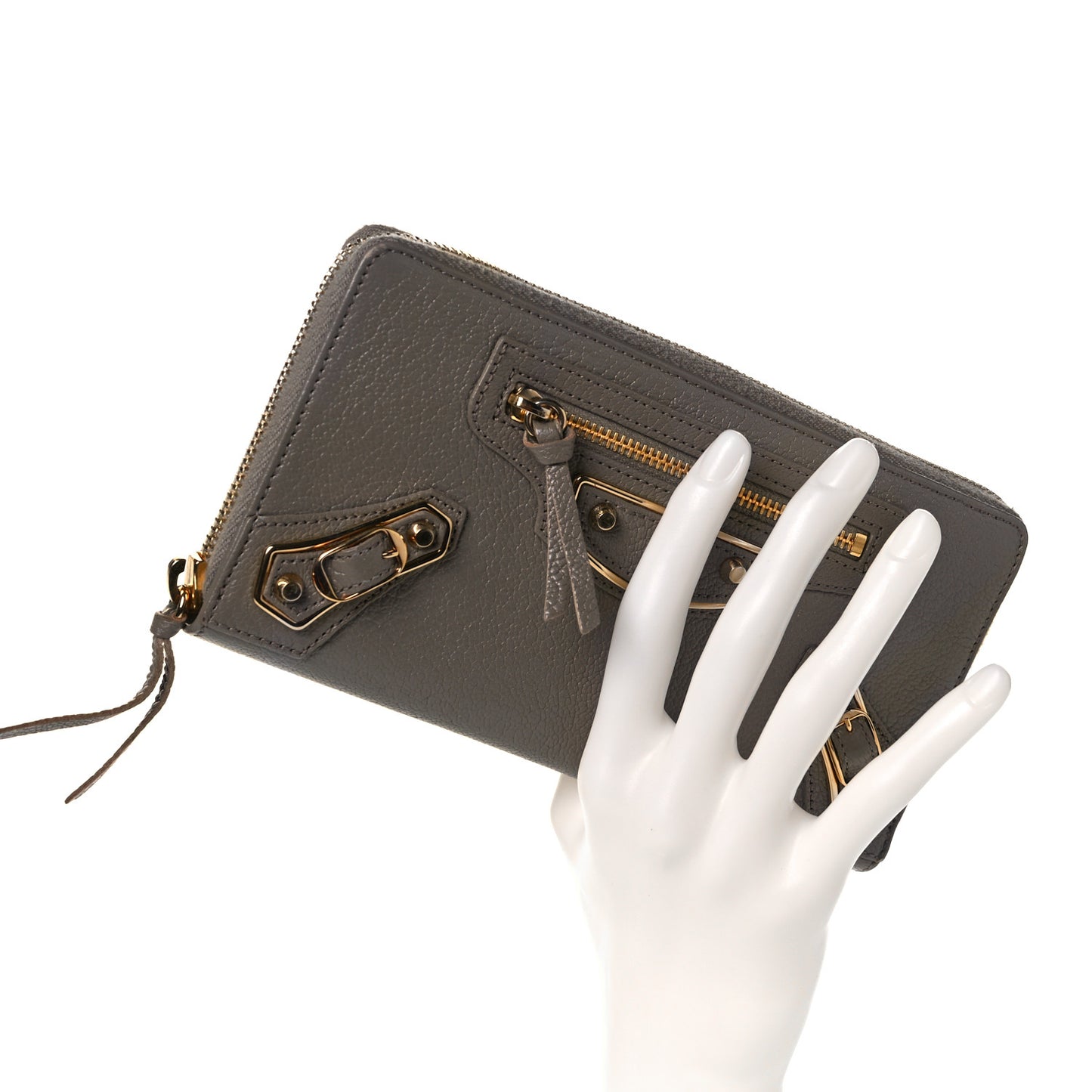 Chevre Gold Metallic Edge Hardware Zip Around Wallet Gris Taupe