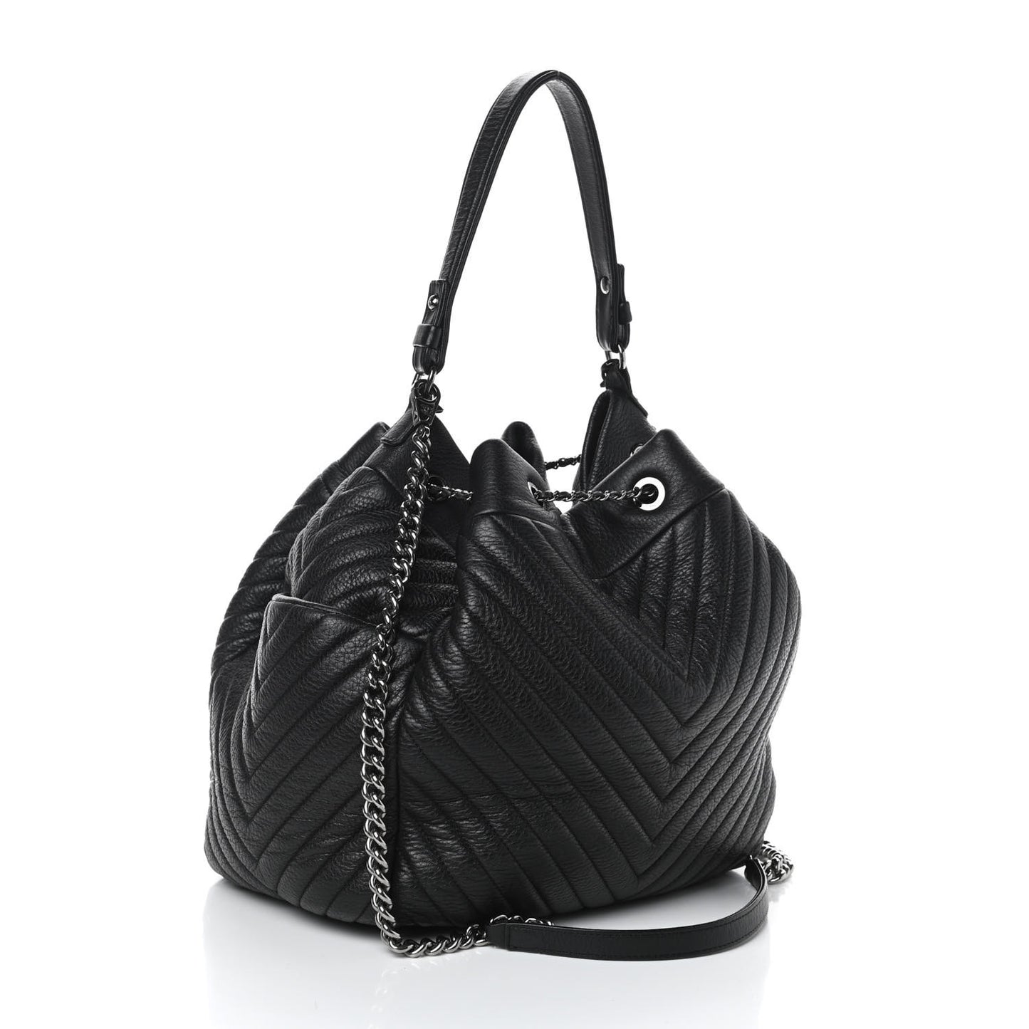 Deerskin Chevron Large CC Chain Bucket Drawstring Bag Black
