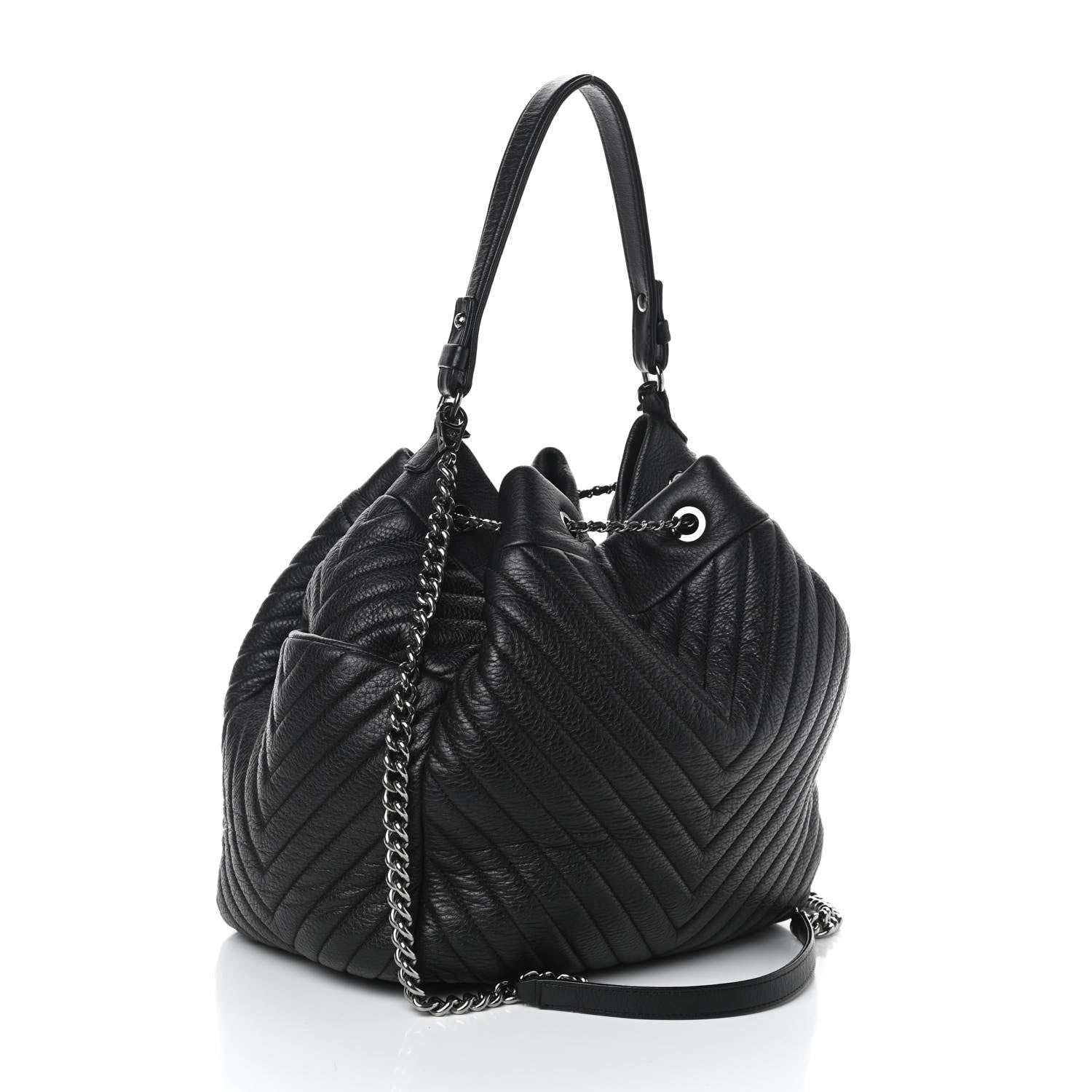 Chanel Deerskin Chevron Large CC Chain Bucket Drawstring Bag Black 2 of 4