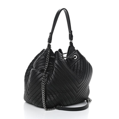 Chanel Deerskin Chevron Large CC Chain Bucket Drawstring Bag Black 2 of 4