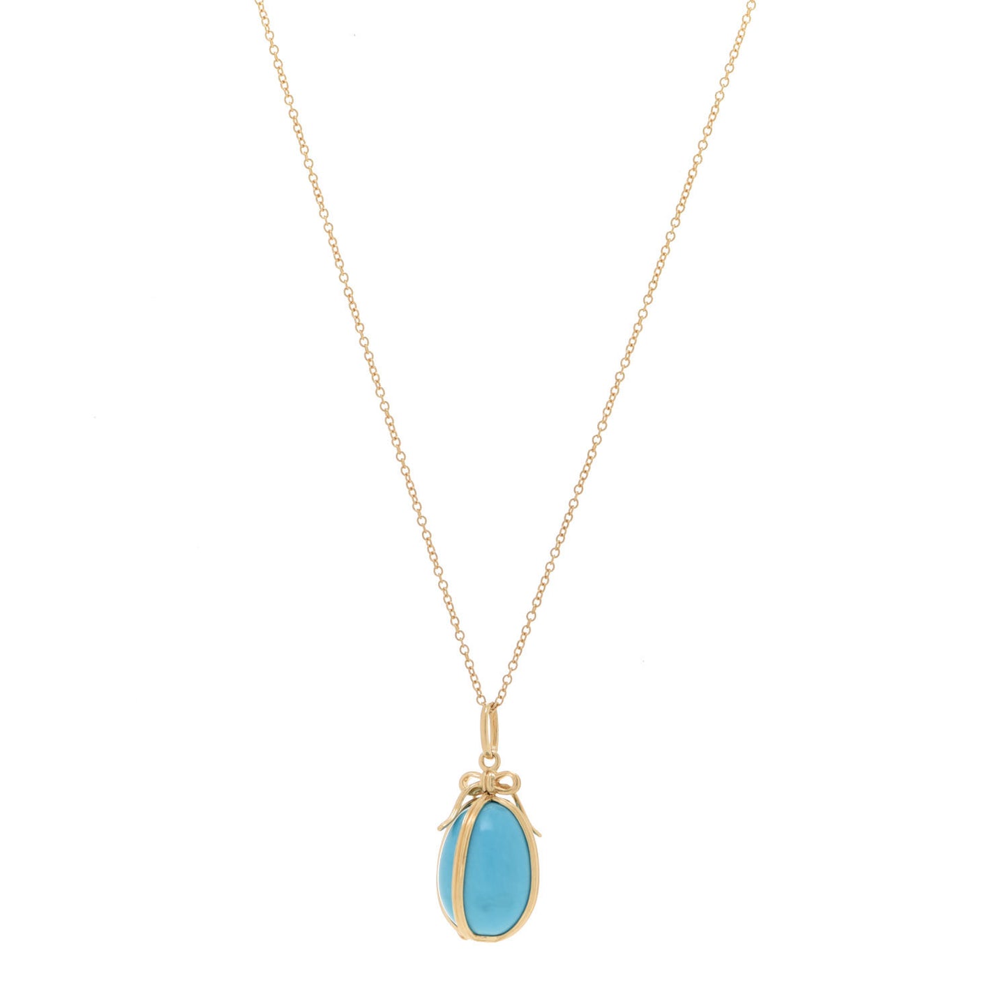 18K Yellow Gold Turquoise Schlumberger Egg Charm Pendant Necklace