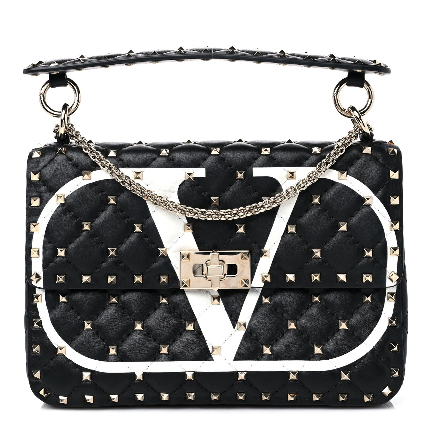 Lambskin Vlogo Print Medium Rockstud Spike Shoulder Bag Black