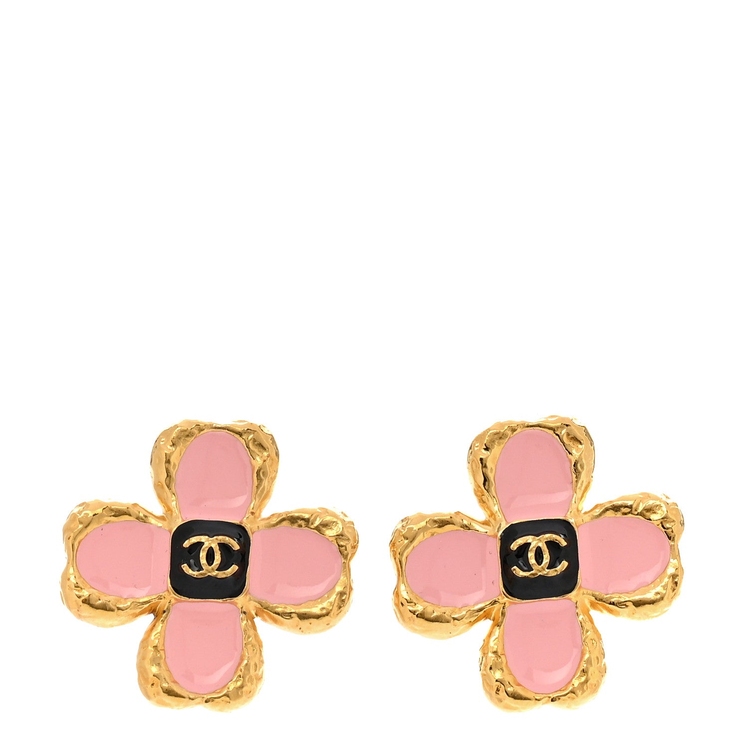 Chanel Resin Metal Glass CC Clover Earrings Gold Black Pink 1 of 6