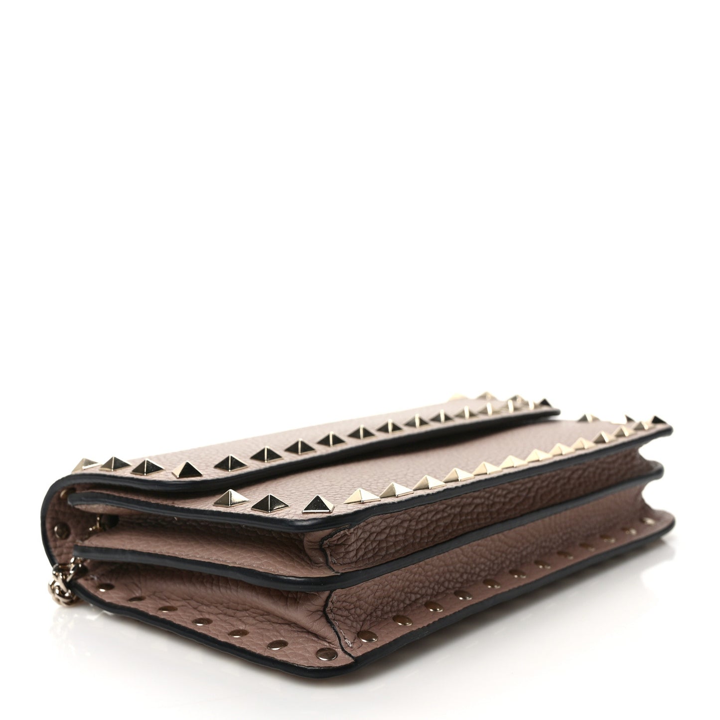 Pebbled Calfskin Rockstud Flap Wallet On Chain Poudre