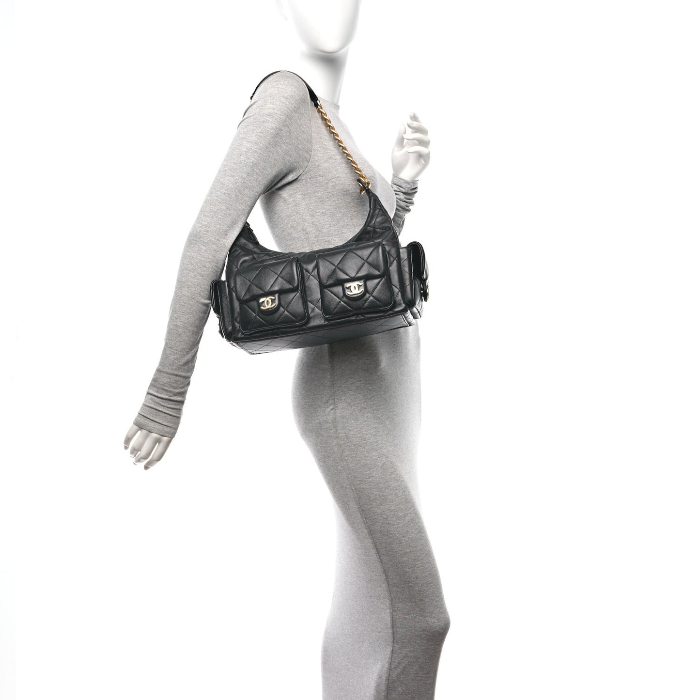 Shiny Lambskin Quilted Trendy Pockets Hobo Black