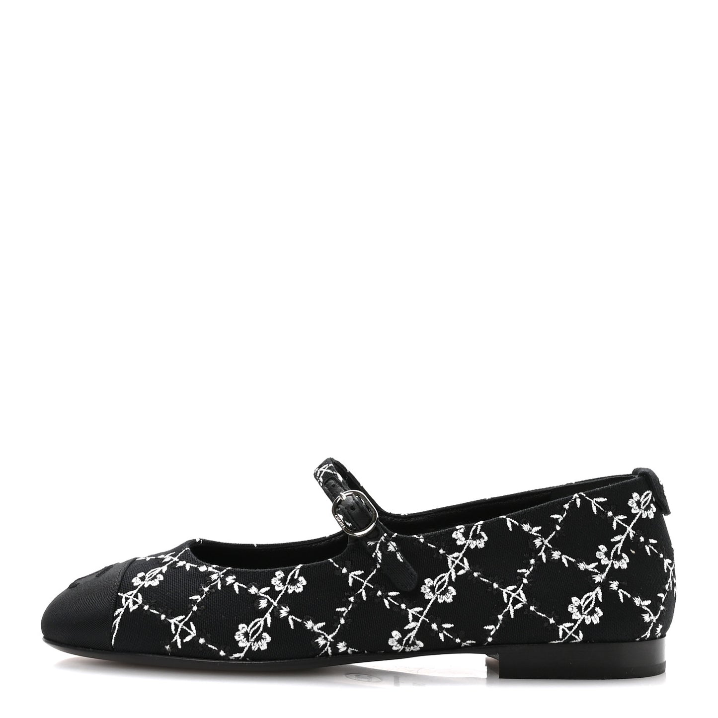 Grosgrain Floral Embroidered CC Cap Toe Ballerina Flats 37 Black White