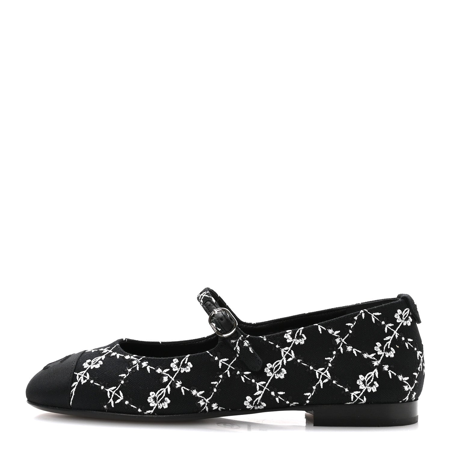 Chanel Grosgrain Floral Embroidered CC Cap Toe Ballerina Flats 37 Black White 1 of 9