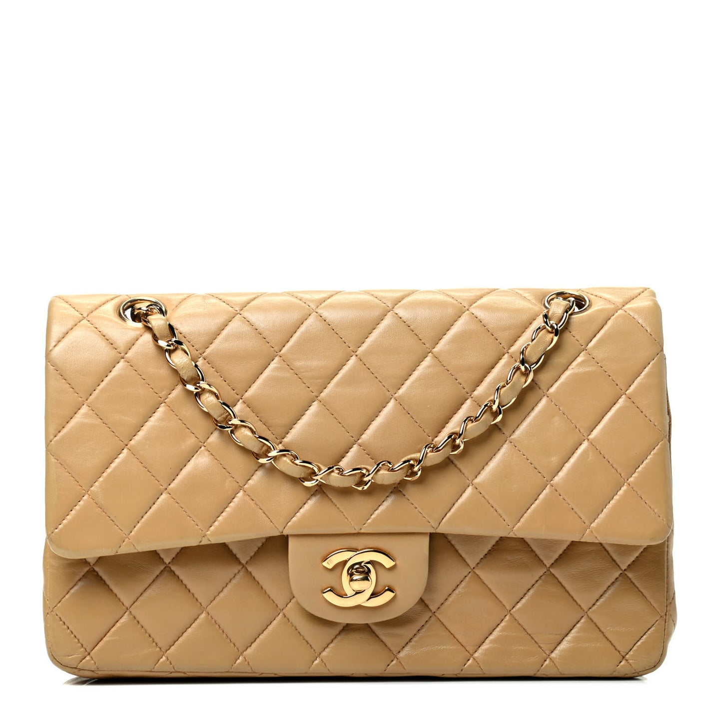 Lambskin Quilted Medium Double Flap Beige