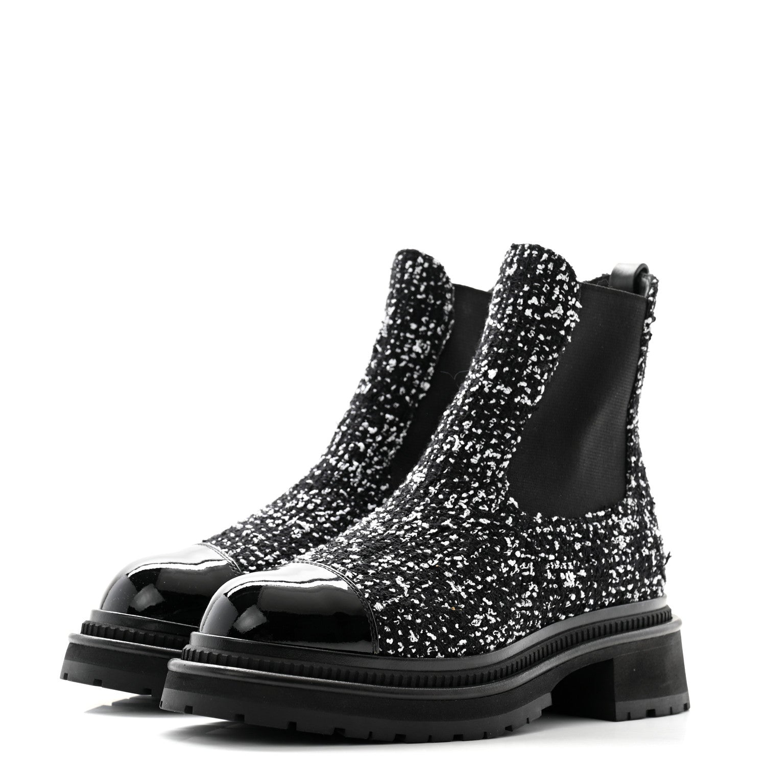 Chanel Tweed Patent Cap Toe Quilted Short Boots 39 Black White 3 of 9