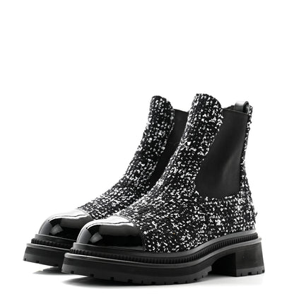 Chanel Tweed Patent Cap Toe Quilted Short Boots 39 Black White 3 of 9