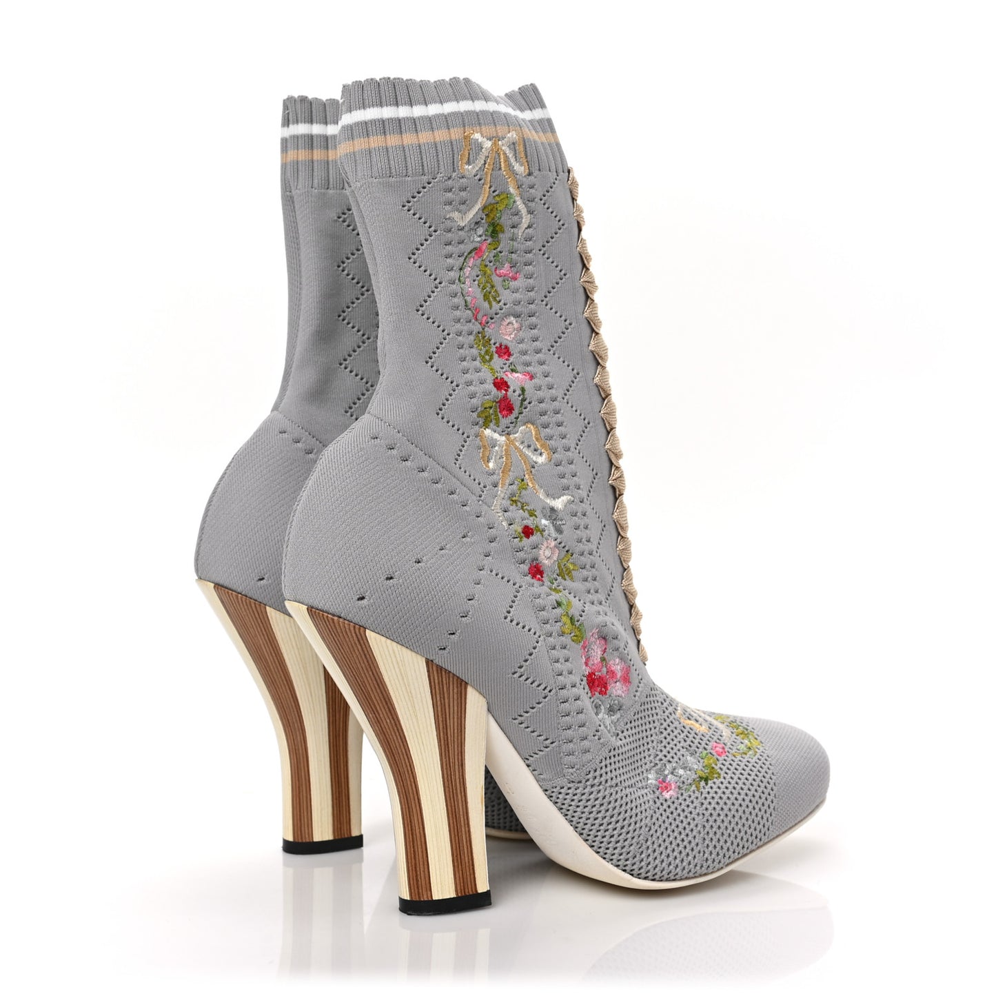 Stretch Fabric Knit embroidered Sock Openwork Booties 37.5 Grey Multicolor