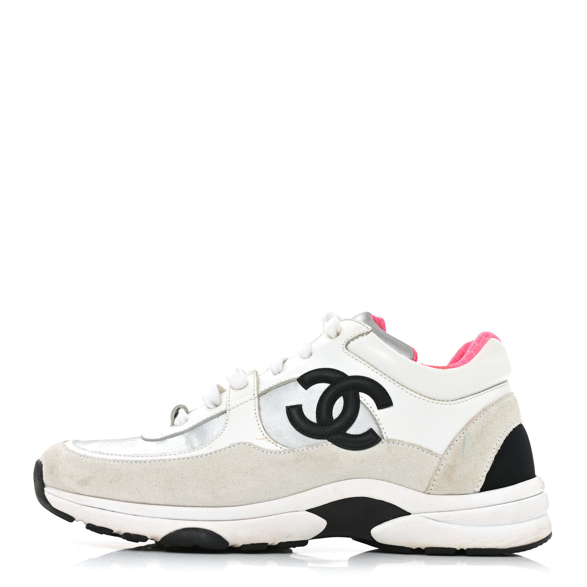 Calfskin Fabric Sneakers 37 White Silver Fluo Pink