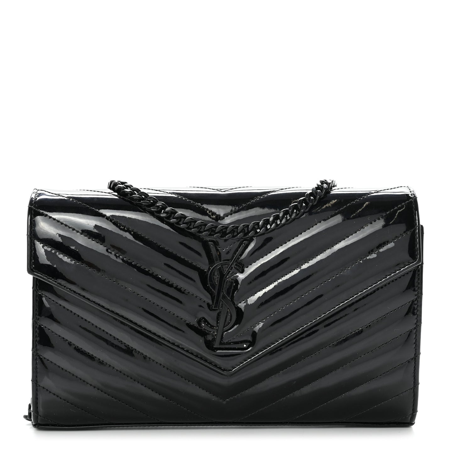 Patent Matelasse Chevron Monogram Chain Wallet Black