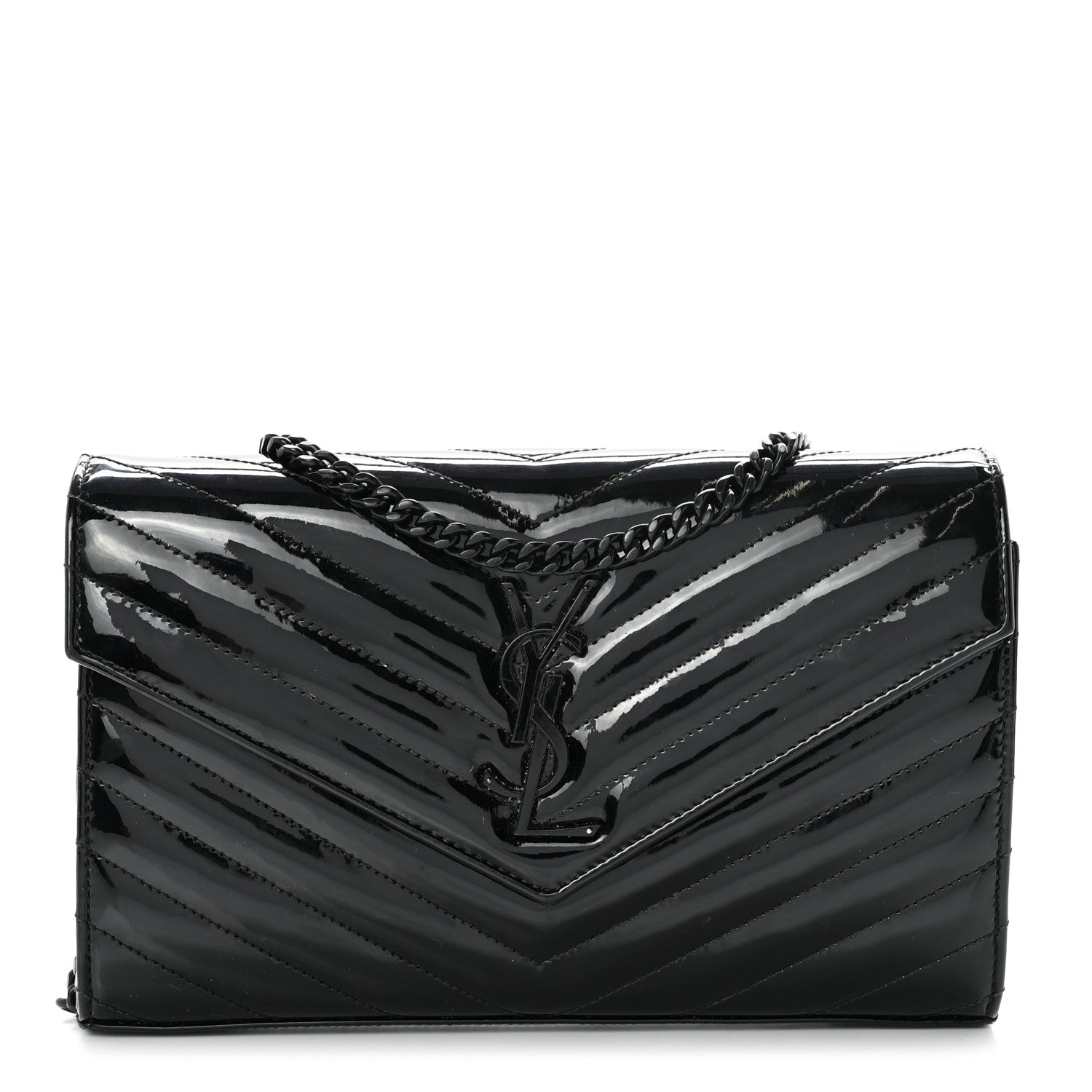 Saint Laurent Patent Matelasse Chevron Monogram Chain Wallet Black 1 of 6
