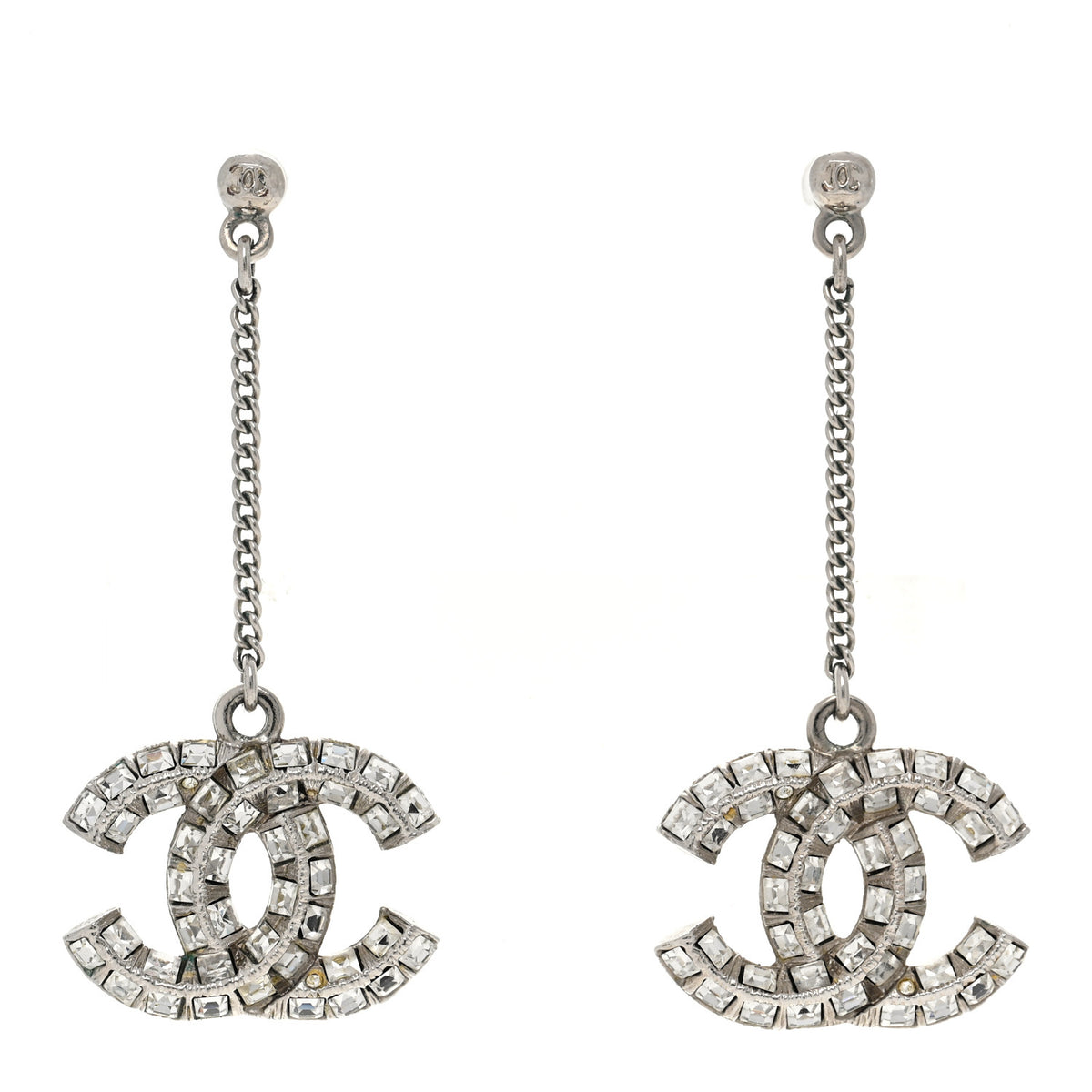 Baguette Crystal CC Drop Earrings Silver