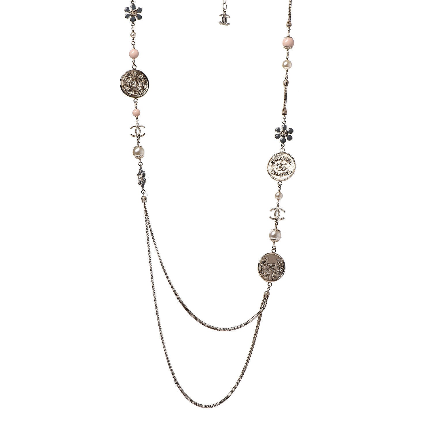 Chanel Resin Pearl CC Flower Coin Long Necklace Gold 1 of 4