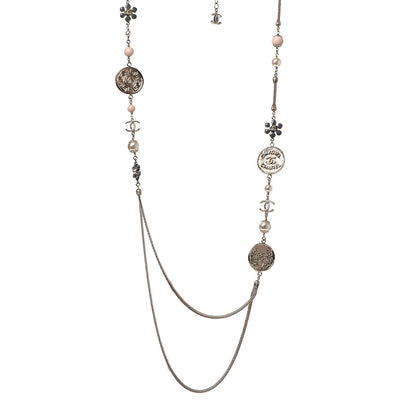 Chanel Resin Pearl CC Flower Coin Long Necklace Gold 1 of 4