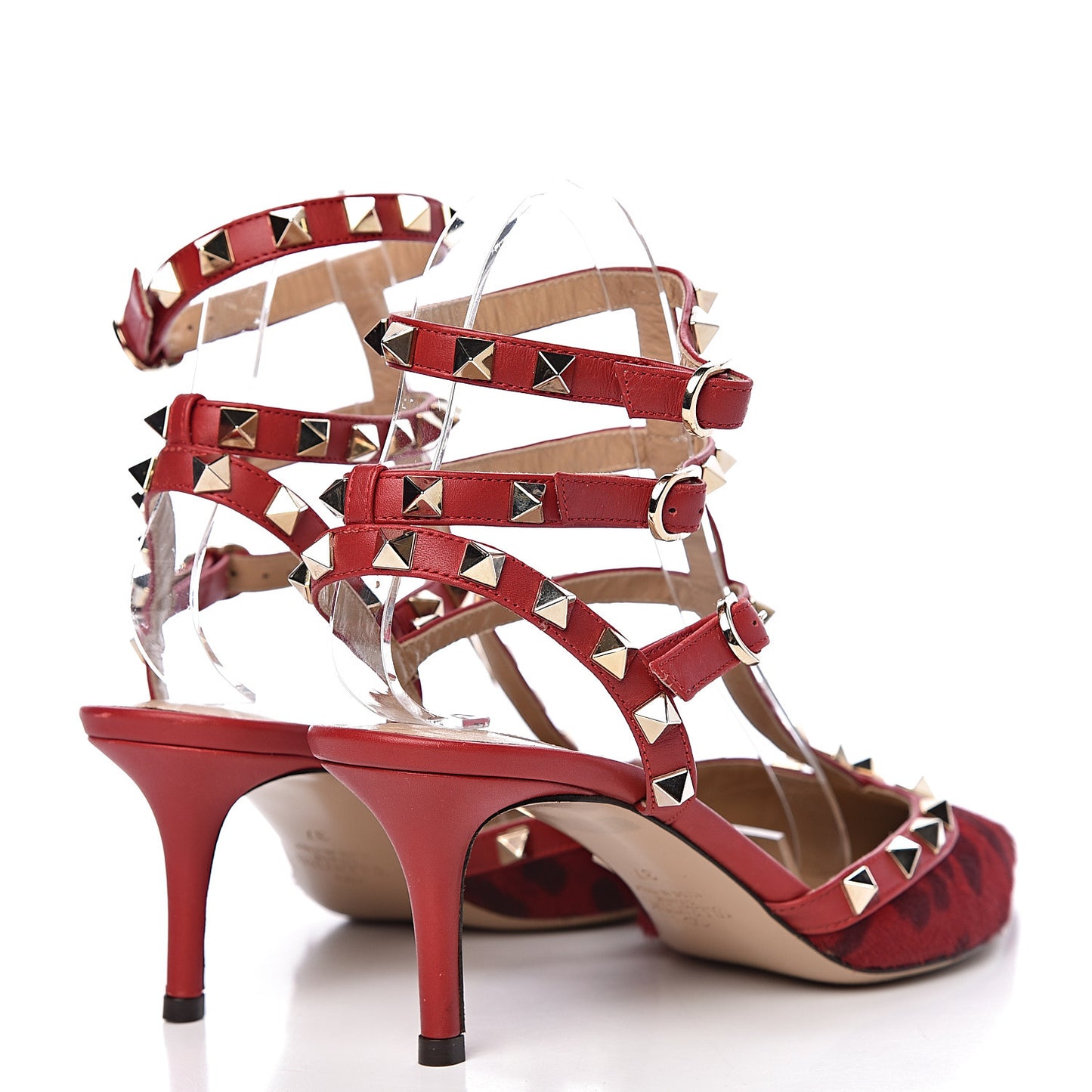 Calf Hair Leopard Print Rockstud Ankle Strap 65mm Pumps 37 Rosso Valentino