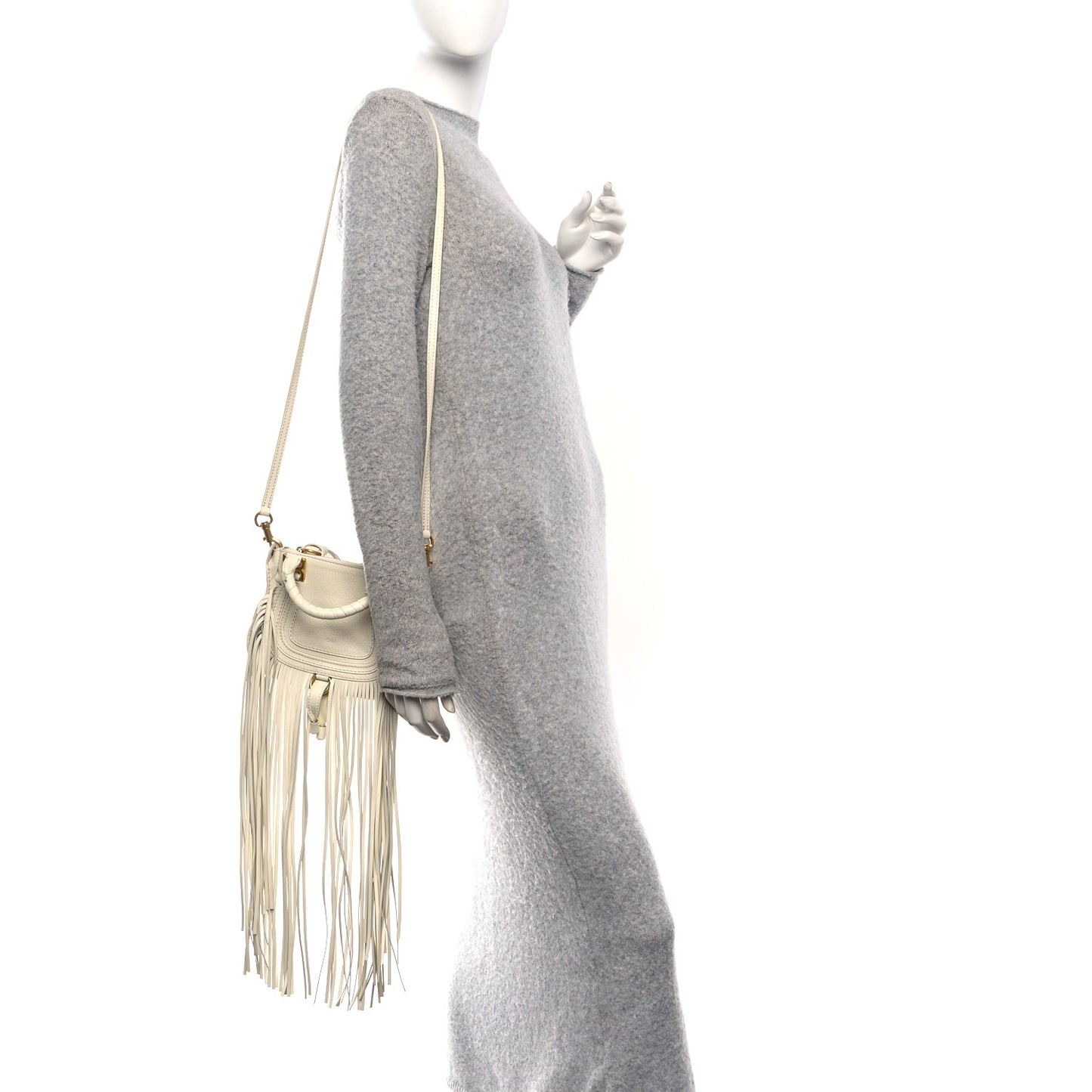 Shiny Small Grain Calfskin Mini Marcie Multi Fringe Satchel Natural White