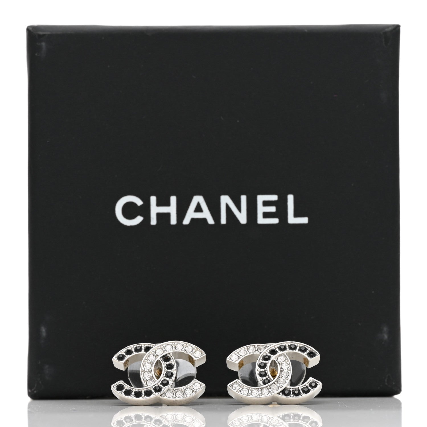 Chanel Crystal CC Stud Earrings Black Silver 5 of 5