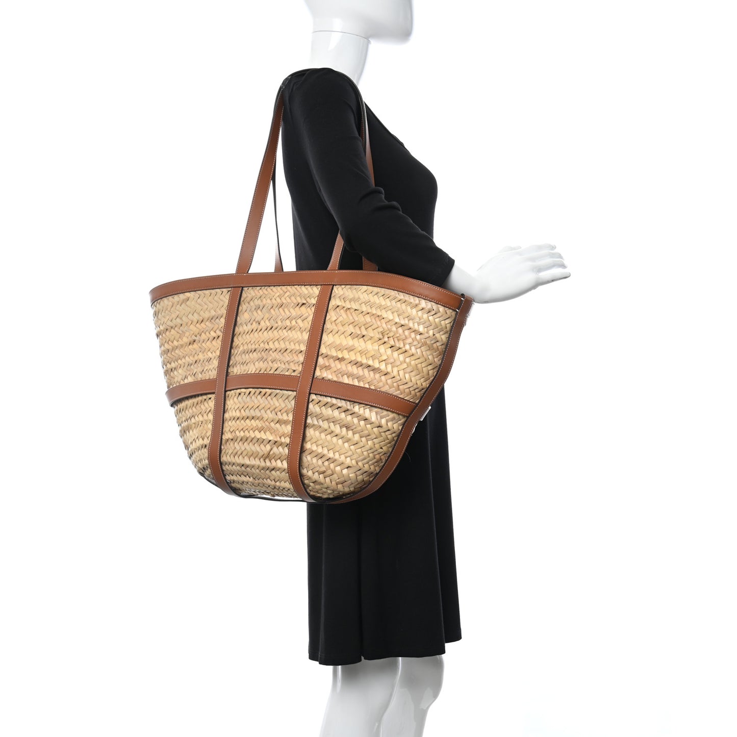 Raffia Calfskin Large Gridded Basket Tote Tan