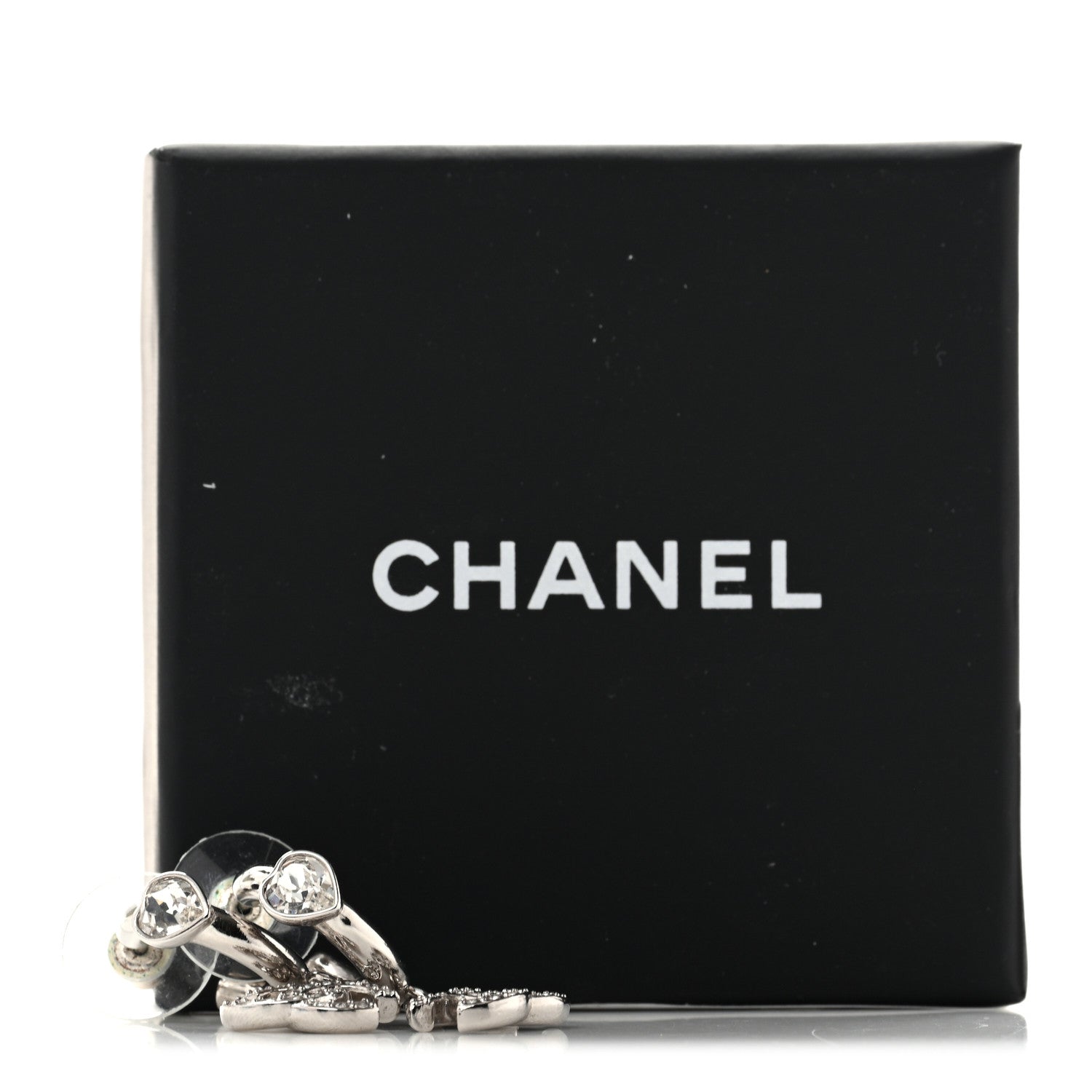 Chanel Crystal CC Heart Drop Hoop Earrings Silver 5 of 5