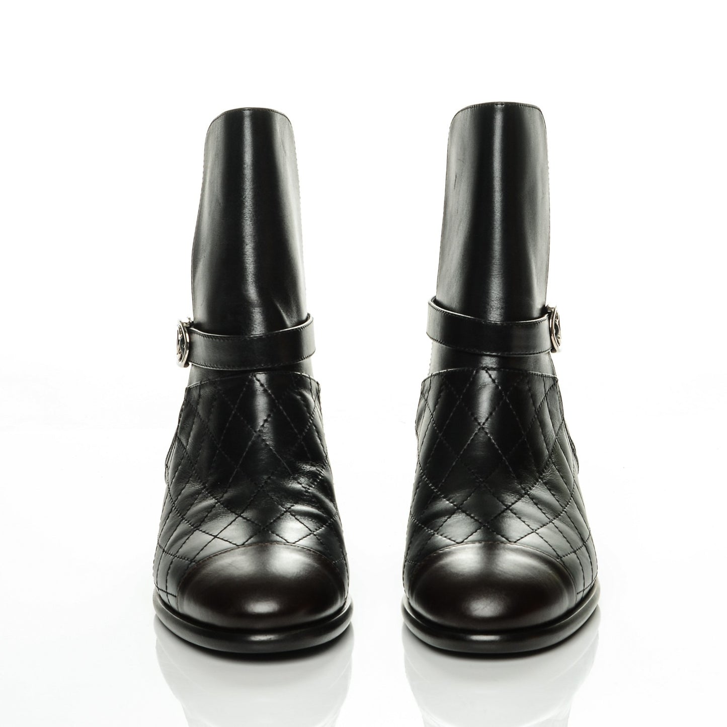 Calfskin Quilted Cap Toe Boots 37 Black Brown
