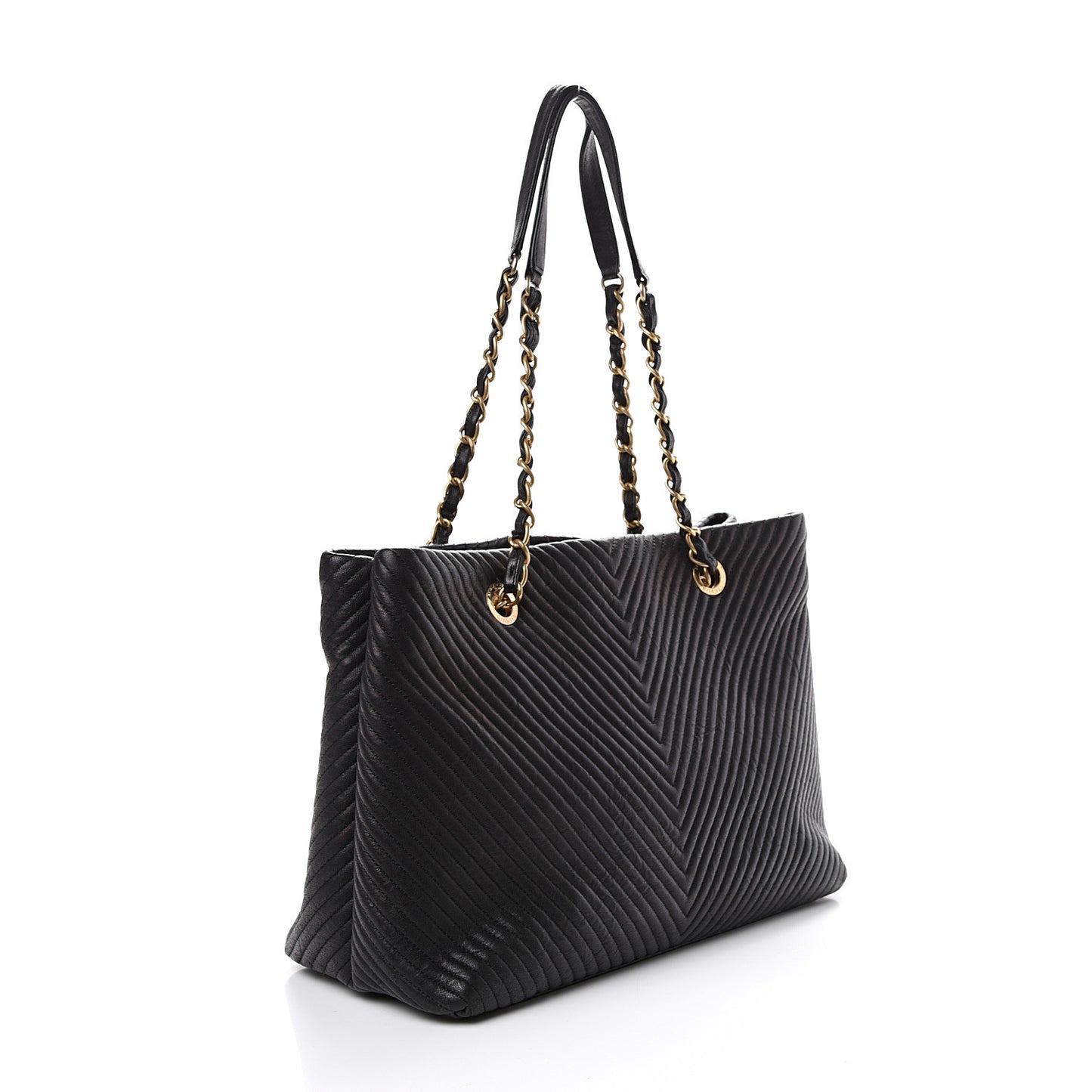 Wrinkled Lambskin Chevron Quilted Large Surpique Tote Black