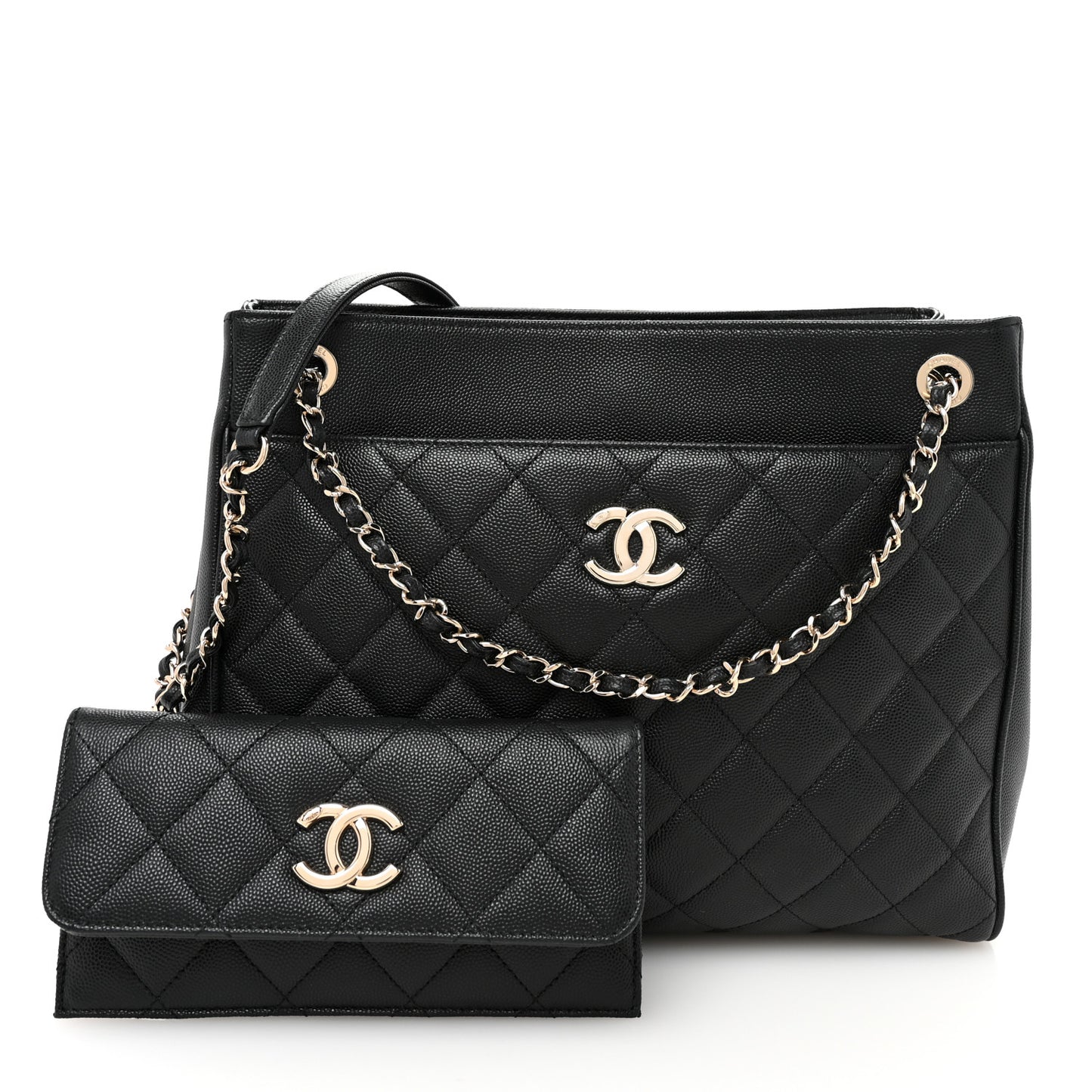Caviar Quilted In Out Flap Shopping Tote Black