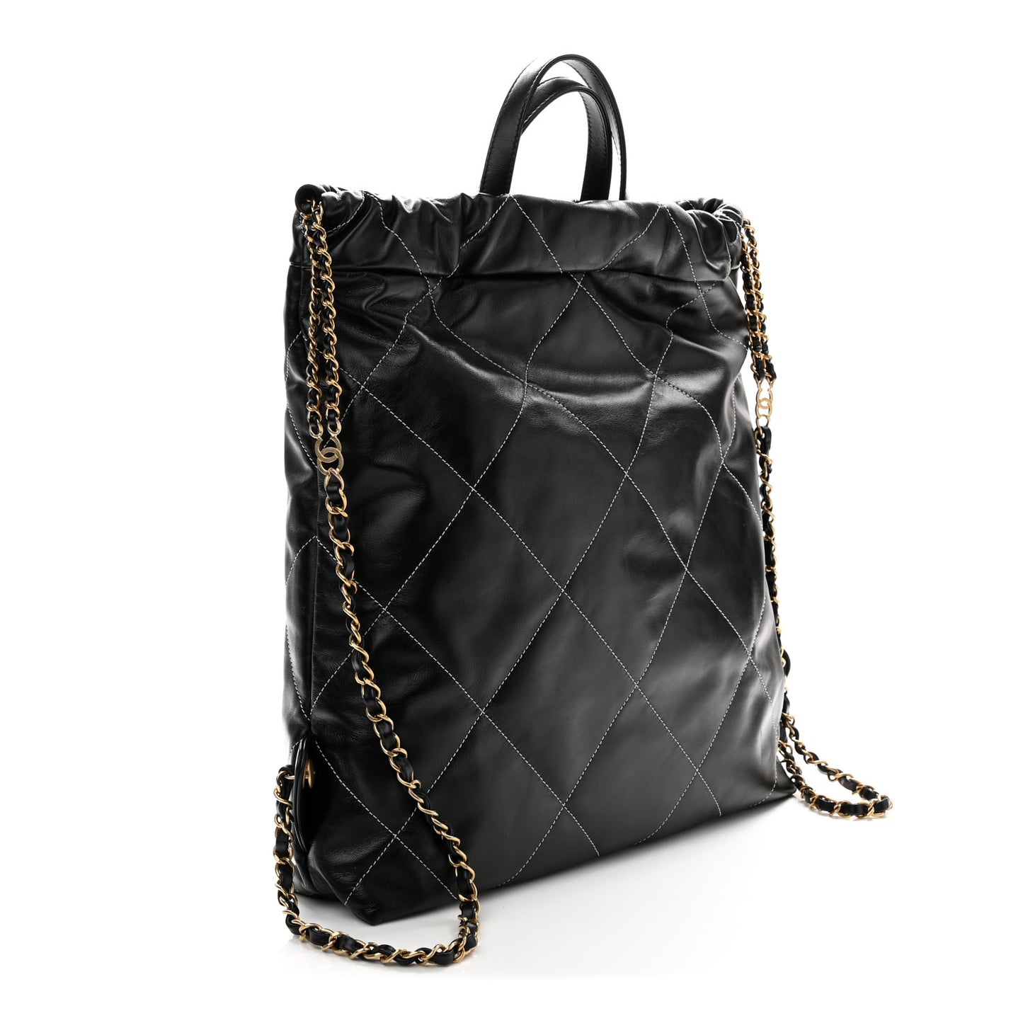 Shiny Calfskin Stitched Quilted Chanel 22 Backpack Black