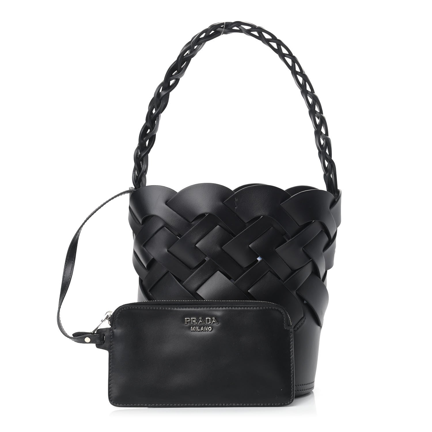 Prada Vitello Intreccio Bucket Bag Black 1 of 10