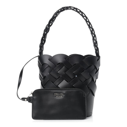 Prada Vitello Intreccio Bucket Bag Black 1 of 10