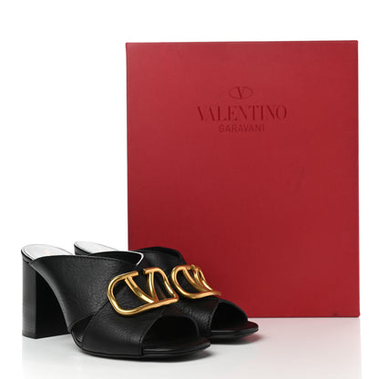 Valentino Garavani Grainy Cowhide VLogo Mid Heel Slide Sandals 37 Black 9 of 13