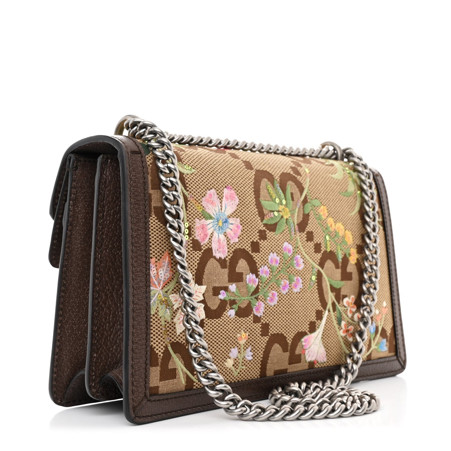 Gucci Monogram Jumbo GG Textured Dollar Calfskin Embroidered Small Dionysus Shoulder Bag Camel Ebony New Acero Multicolor 3 of 10