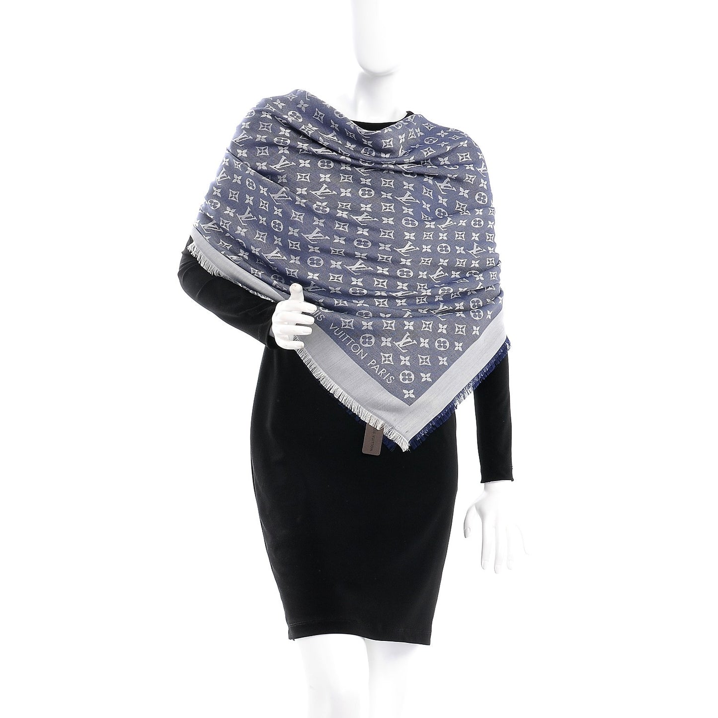 Wool Silk Monogram Denim Shawl Blue